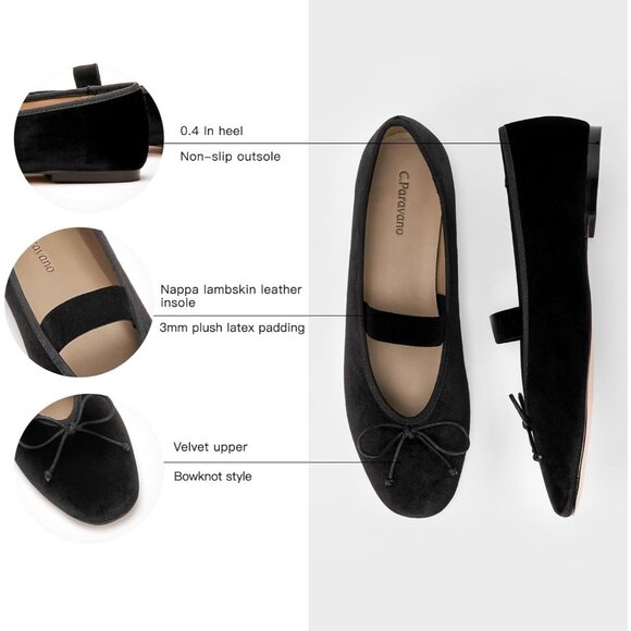 Women's Velvet Bow Black Upper Round Toe Ballerinas Pull On Flats Ballet Shoes - Picture 4 of 7
